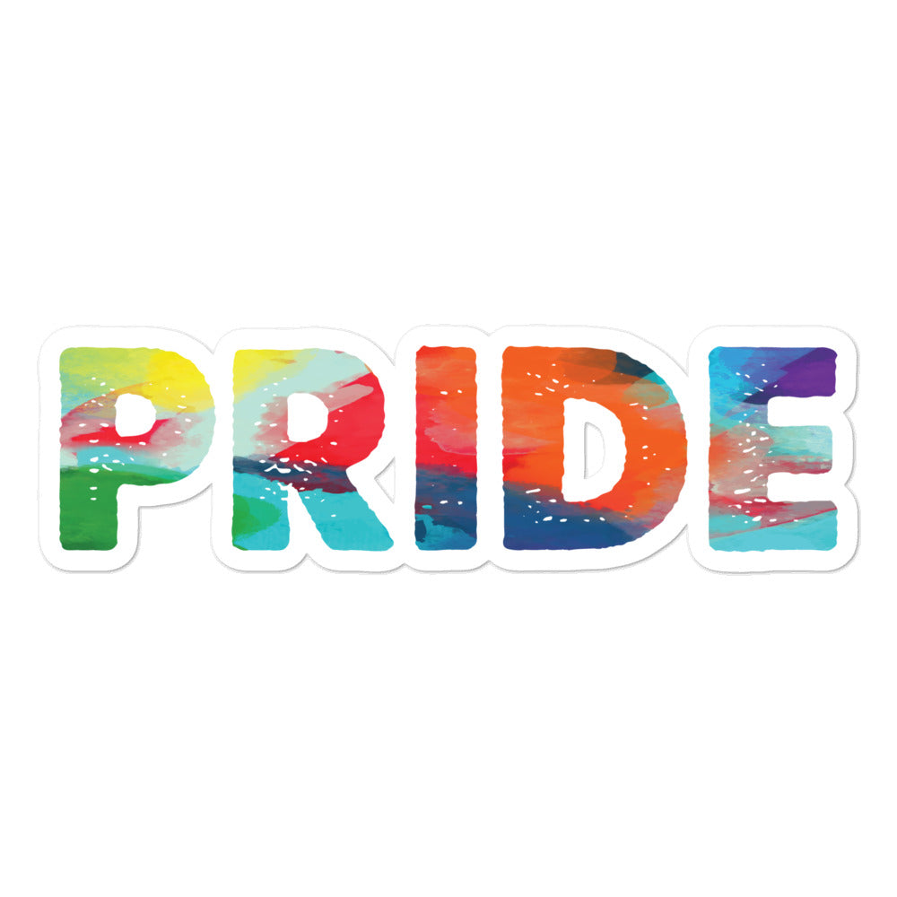 Pride sticker with large multicolored watercolor-style lettering on a white background