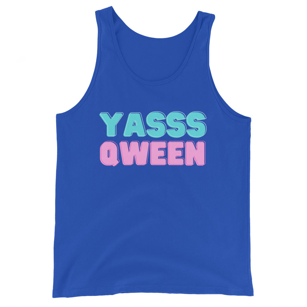 Blue unisex tank top with colorful “YASSS QWEEN” lettering