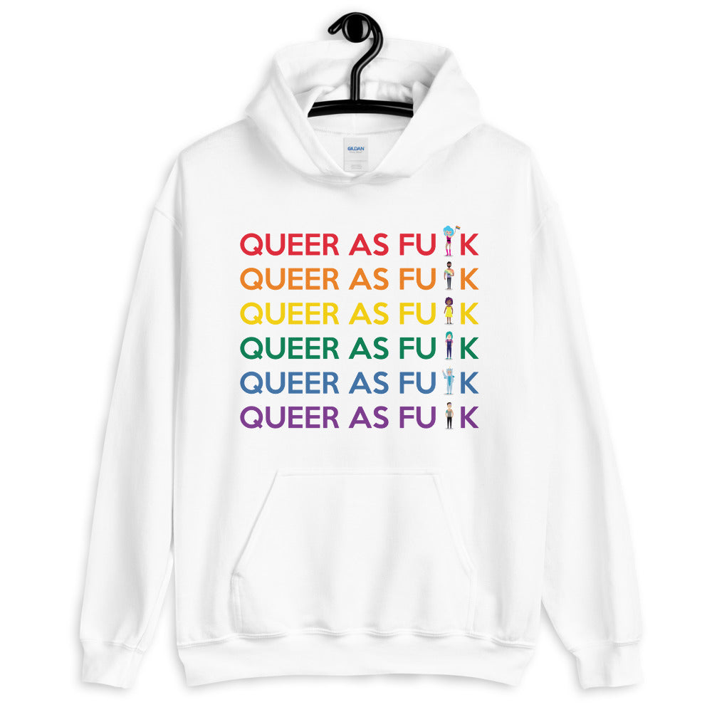 White hoodie with six colorful lines reading “QUEER AS FU⚡K” and small figure graphics
