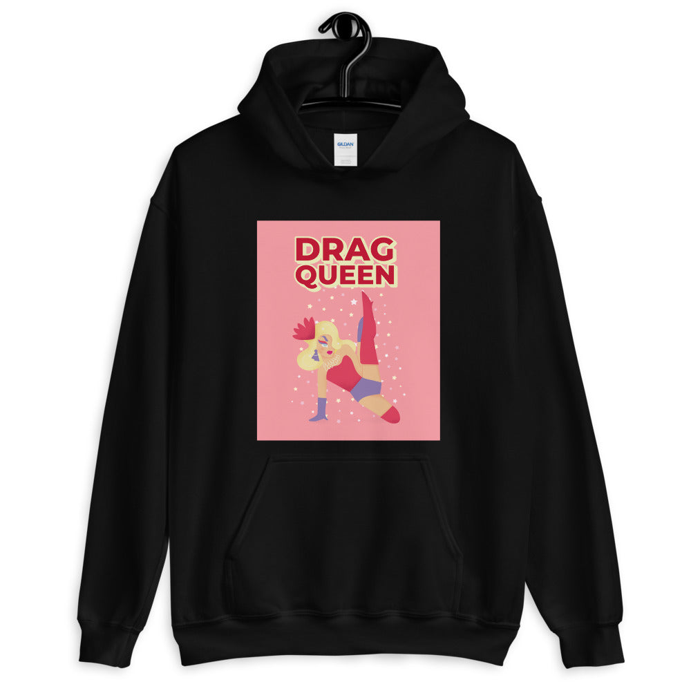 Black hoodie with pink “DRAG QUEEN” graphic of an illustrated performer