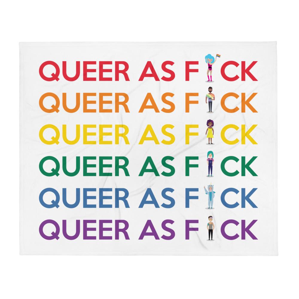 White throw blanket with rainbow rows of “QUEER AS F*CK” and illustrated queer figures