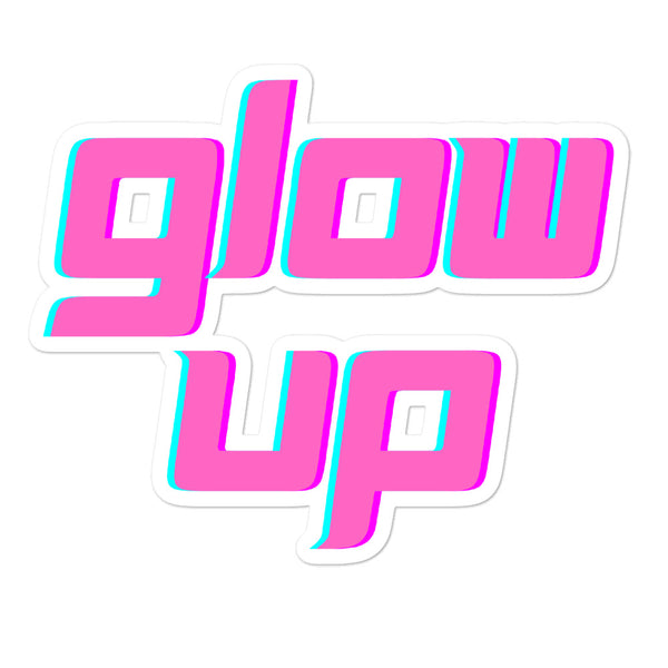 Close-up of a pink and turquoise bubble-style sticker reading “glow up”
