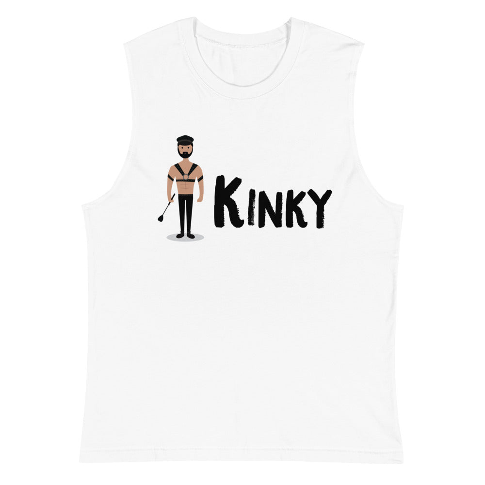White sleeveless muscle tank top with a leather-clad figure and “KINKY” graphic