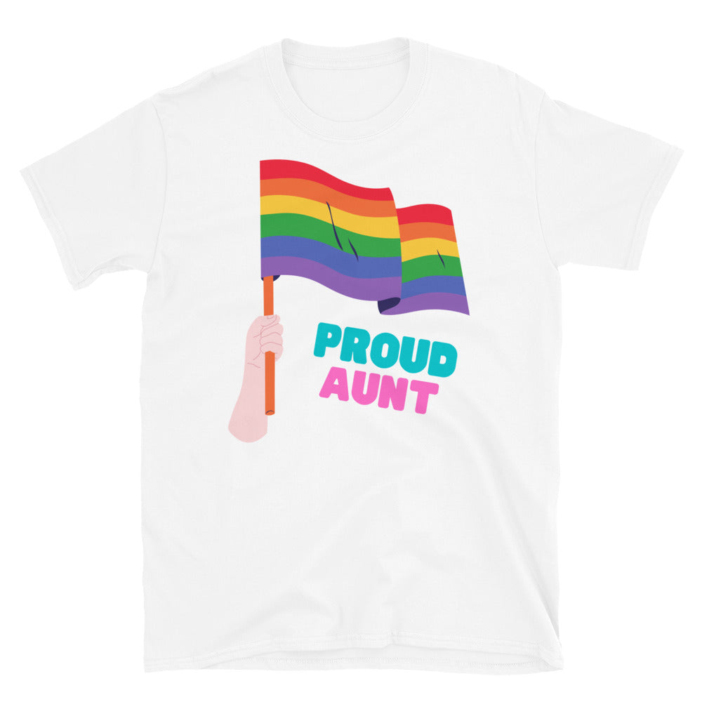 White T-shirt featuring a rainbow Pride flag illustration and the words “PROUD AUNT”