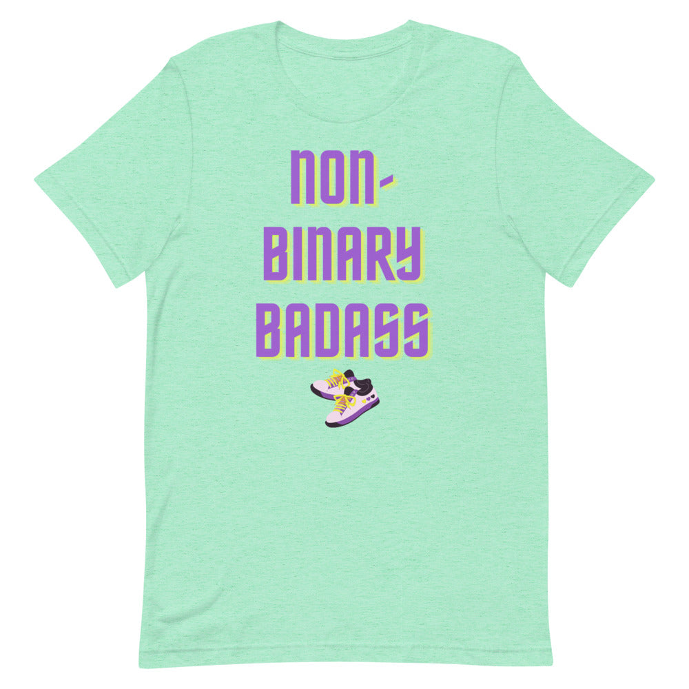 non binary outfit: Non-Binary Badass T-Shirt in soft fabric, bold purple “Non-Binary Badass” text