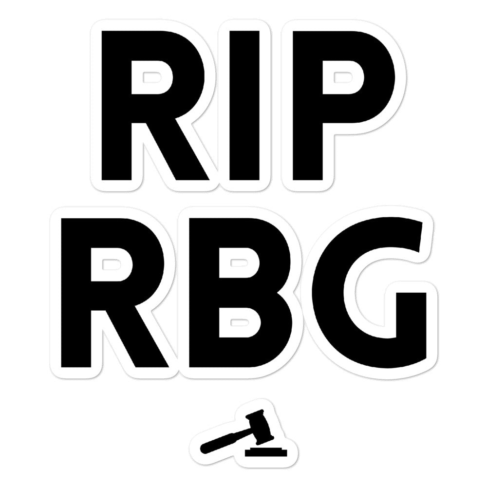Black-and-white “RIP RBG” bubble-free sticker with a gavel icon