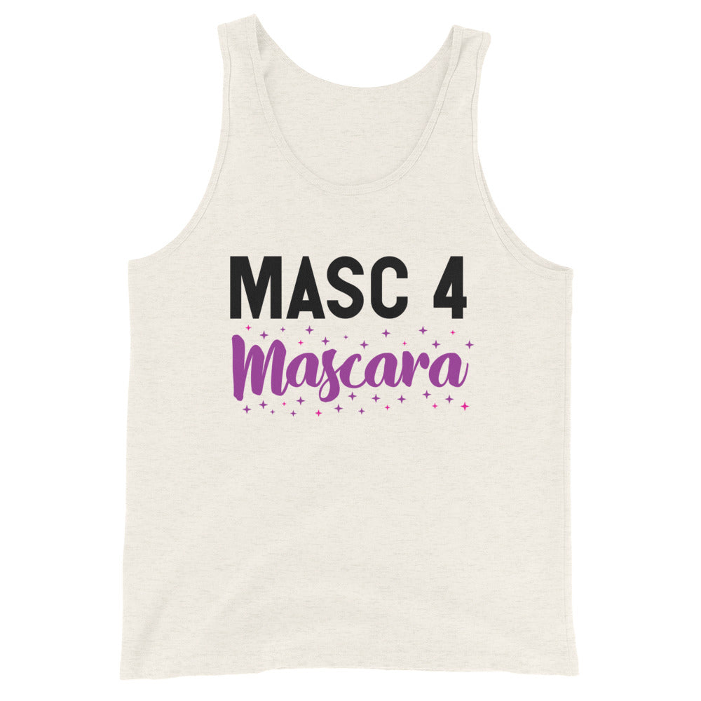 Cream unisex tank top with “MASC 4 Mascara” text and purple star accents