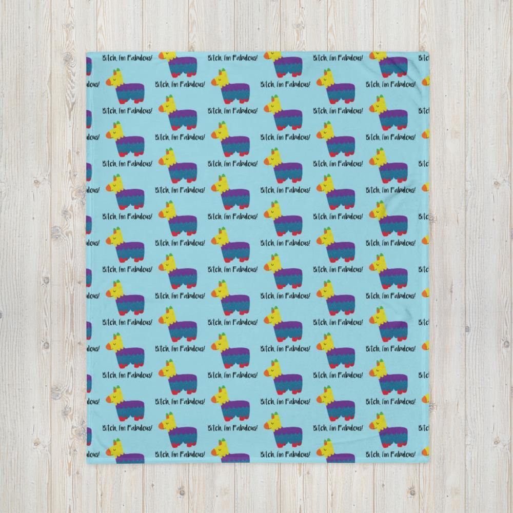 Turquoise throw blanket with repeating colorful llama illustrations and “Bitch, I’m Fabulous!” text