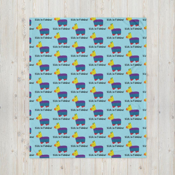 Turquoise throw blanket with repeating colorful llama illustrations and “Bitch, I’m Fabulous!” text