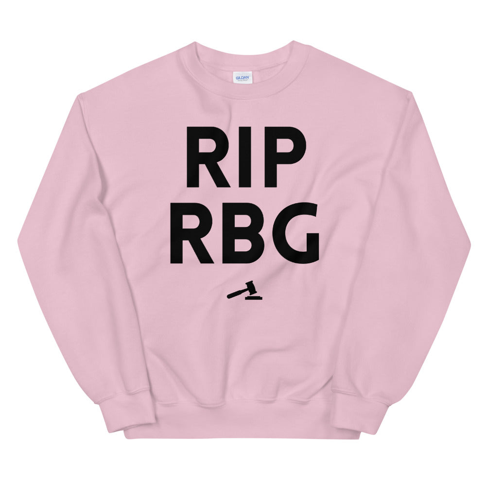 Pink sweatshirt with bold black “RIP RBG” lettering and a small gavel graphic