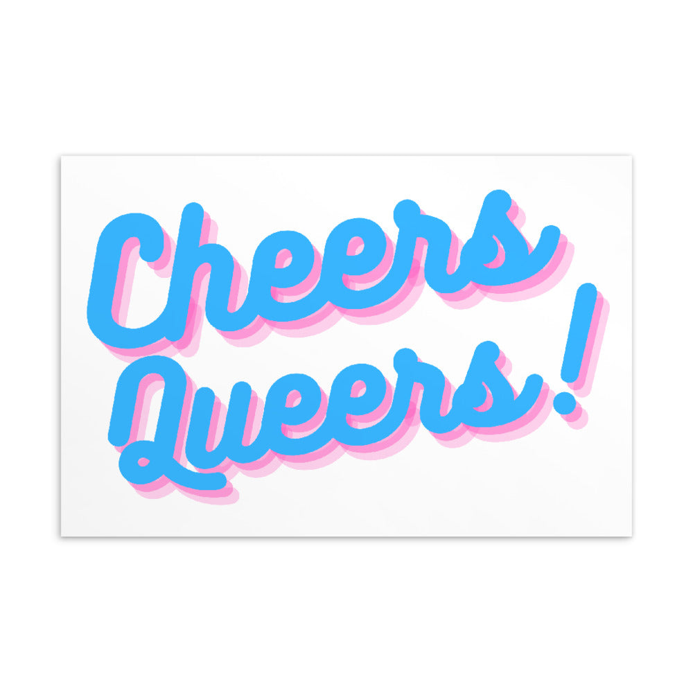 Cheers Queers! postcard with blue and pink retro script lettering on white