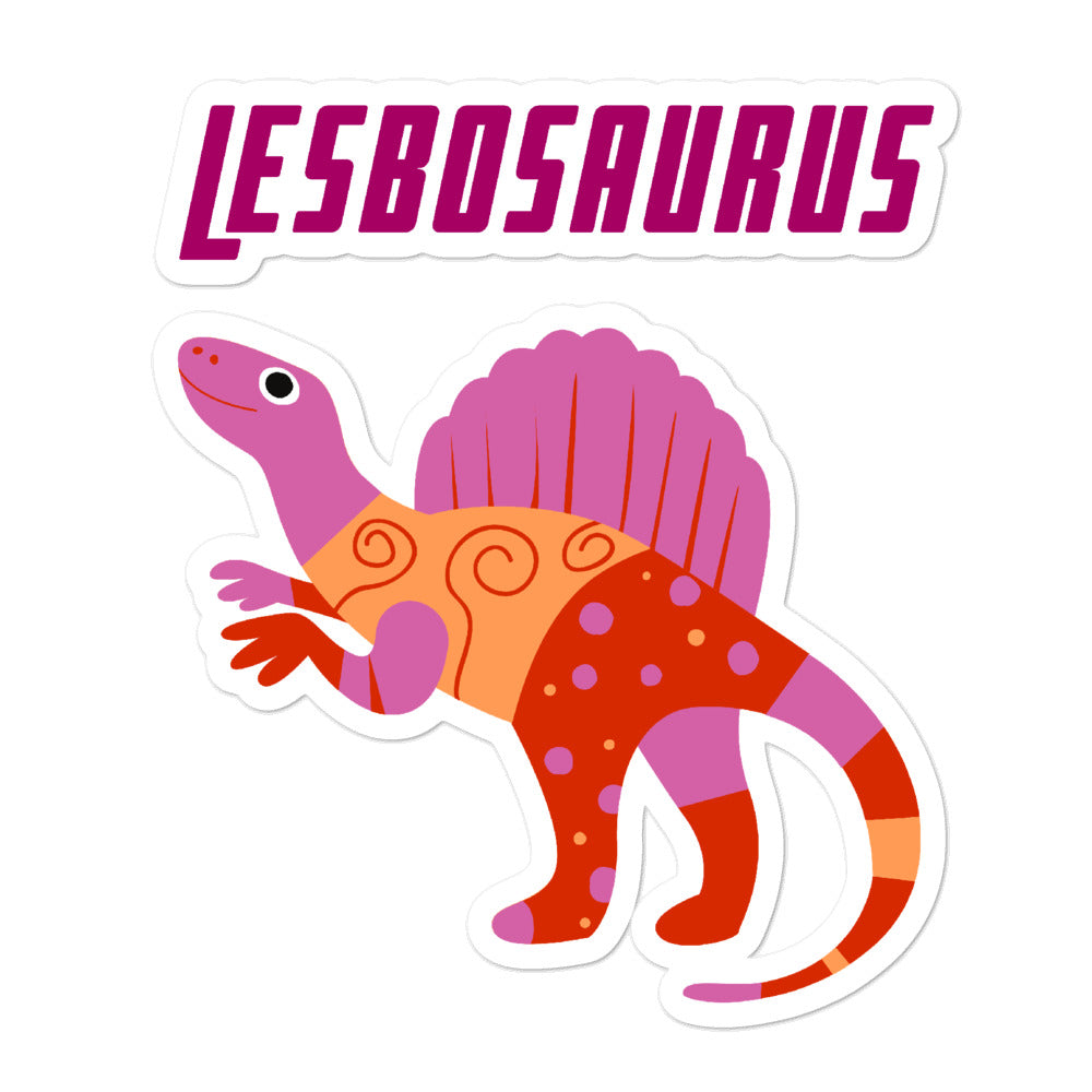 Colorful dinosaur sticker with a pink, orange, and red striped design and “LESBOSAURUS” text