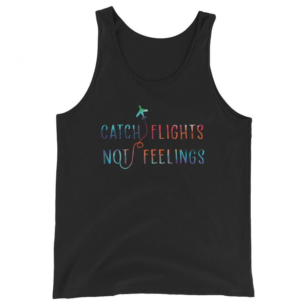 Black tank top with colorful airplane graphic and “CATCH FLIGHTS NOT FEELINGS” slogan