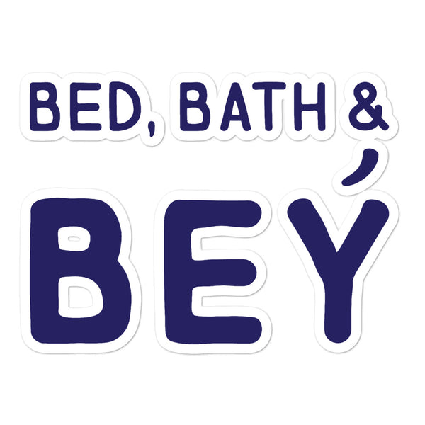 Sticker sheet spelling “BED, BATH & BEY” in dark blue bubble letters