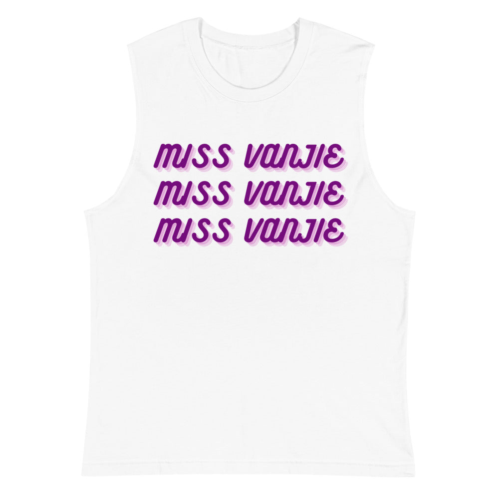 White muscle tank top printed with “MISS VANJIE” three times in purple lettering