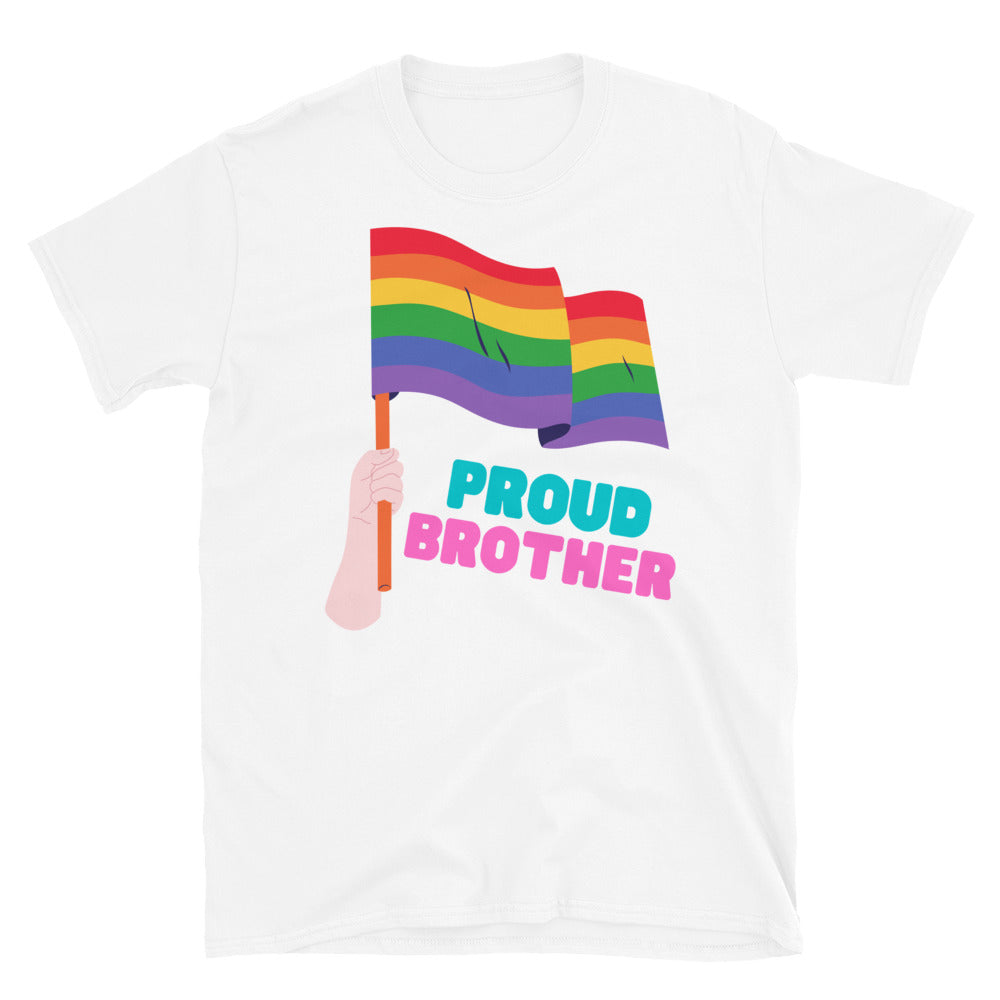 White T-shirt with a rainbow pride flag graphic and “PROUD BROTHER” text