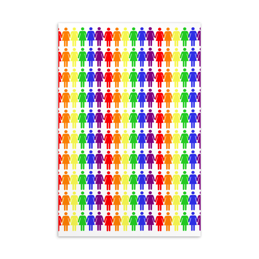 Close-up of a lesbian pride postcard covered in rows of colorful female symbols