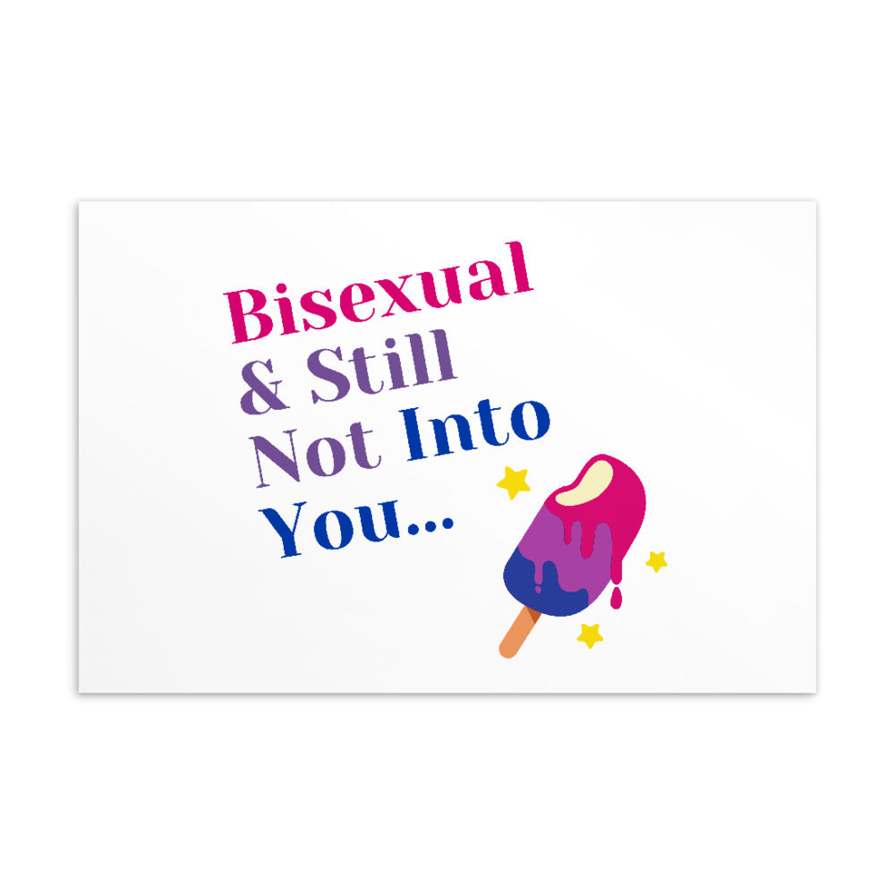 bi braclet: Postcard with "Bisexual & Still Not Into You" in bold on geometric pink, blue, and purple bi pride background