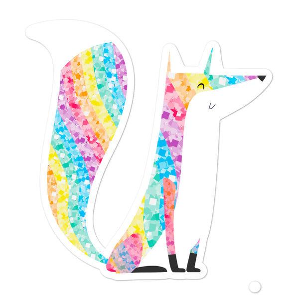 Glitter fox sticker featuring a colorful mosaic-patterned fox with a large fluffy tail