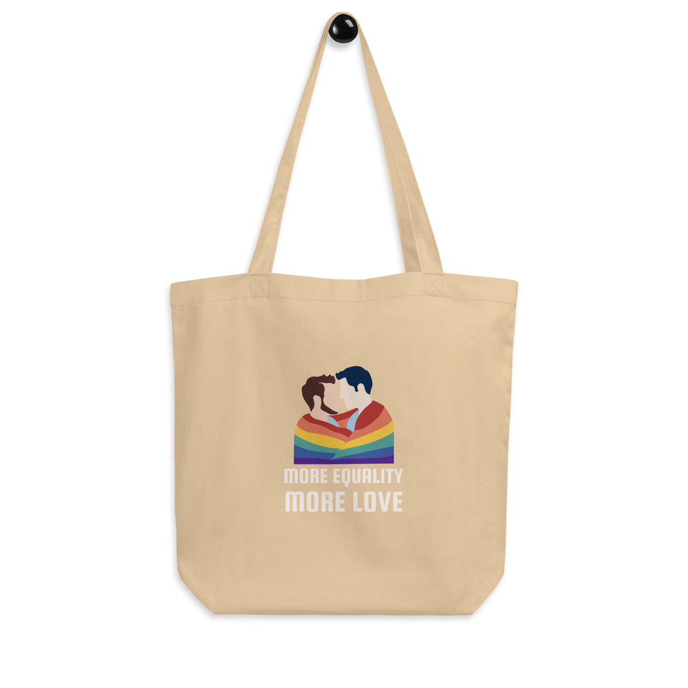 Oyster canvas tote bag with two people kissing beneath a rainbow and “MORE EQUALITY MORE LOVE” text