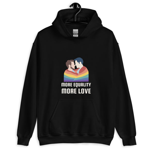 Front view of a black hoodie with two men kissing and “MORE EQUALITY MORE LOVE” text