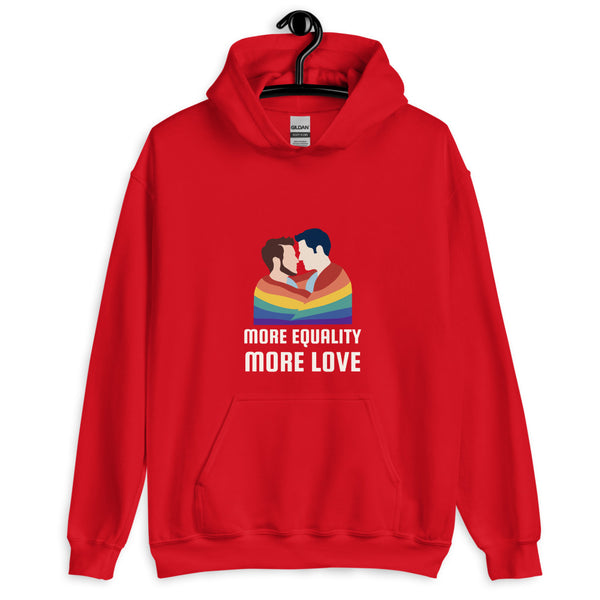 Front view of a red hoodie with two men kissing above “MORE EQUALITY MORE LOVE”