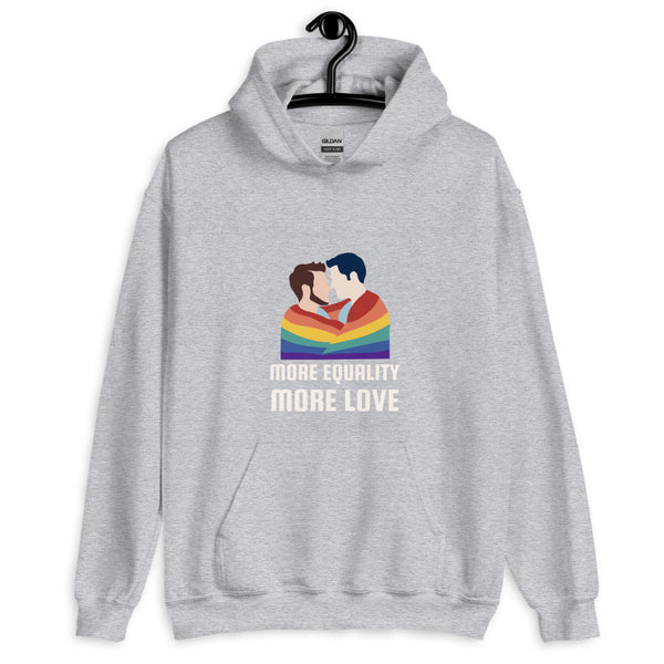 Front view of a gray hoodie showing two men kissing above rainbow stripes and “MORE EQUALITY MORE LOVE”