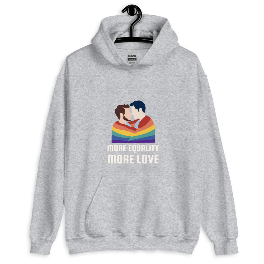 Front view of a gray hoodie showing two men kissing above rainbow stripes and “MORE EQUALITY MORE LOVE”