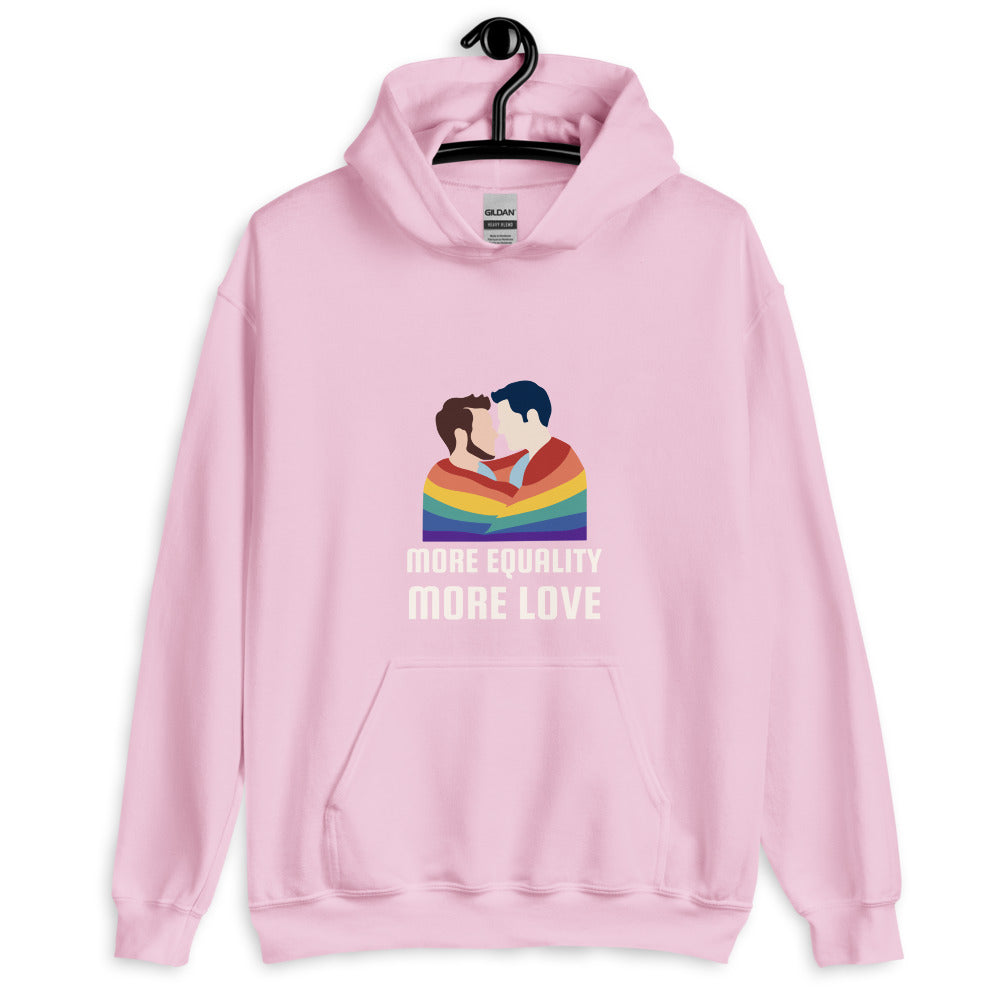 Front-view pink hoodie with two men kissing under a rainbow and “MORE EQUALITY MORE LOVE” text