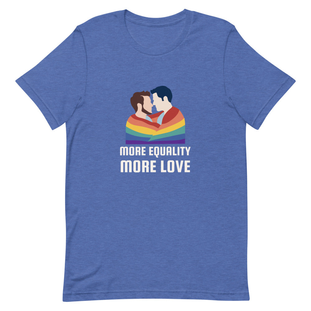 Front-view blue T-shirt with two men embraced beneath a rainbow and “MORE EQUALITY MORE LOVE”