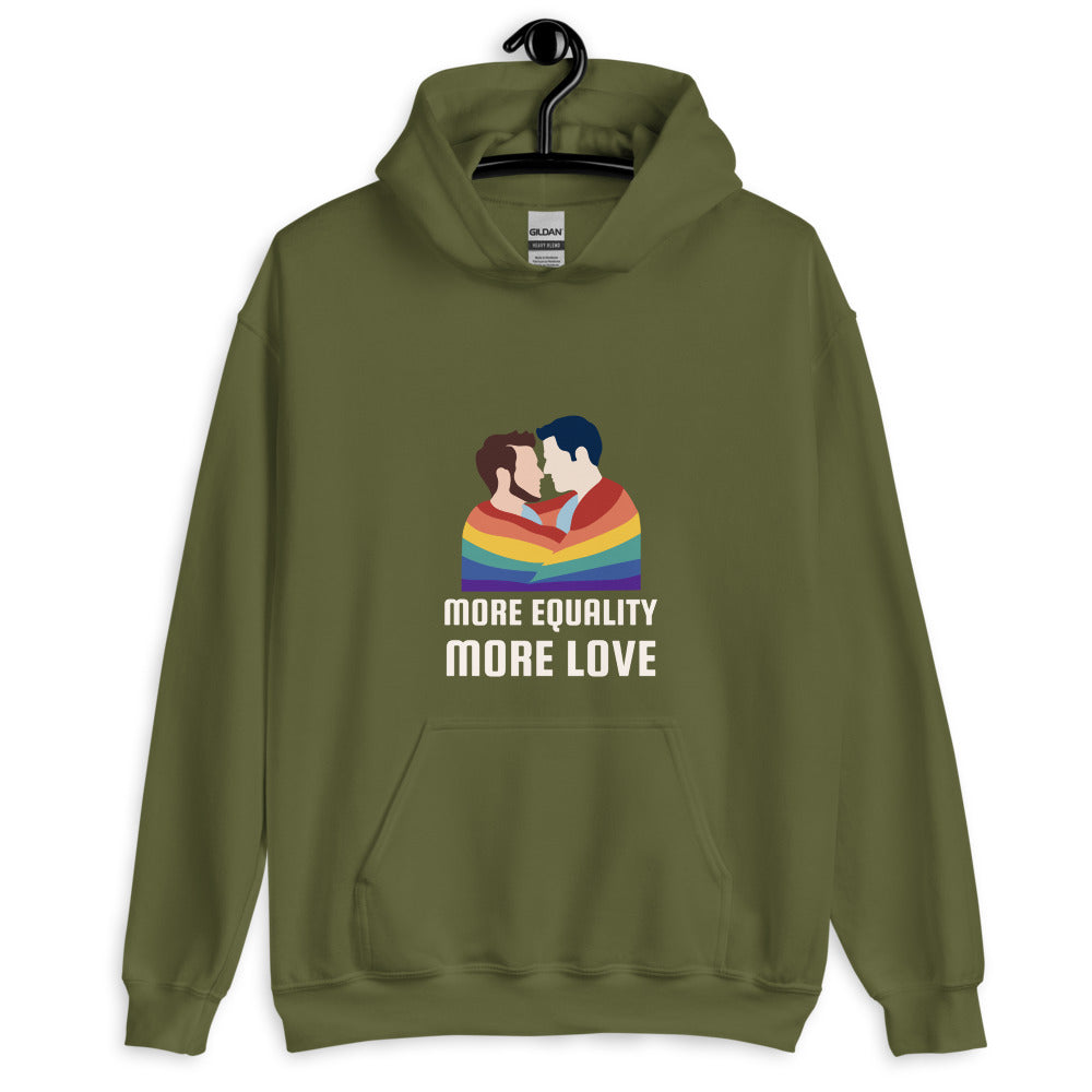 Front view of an olive-green hoodie with two men beneath a rainbow and “MORE EQUALITY MORE LOVE” text