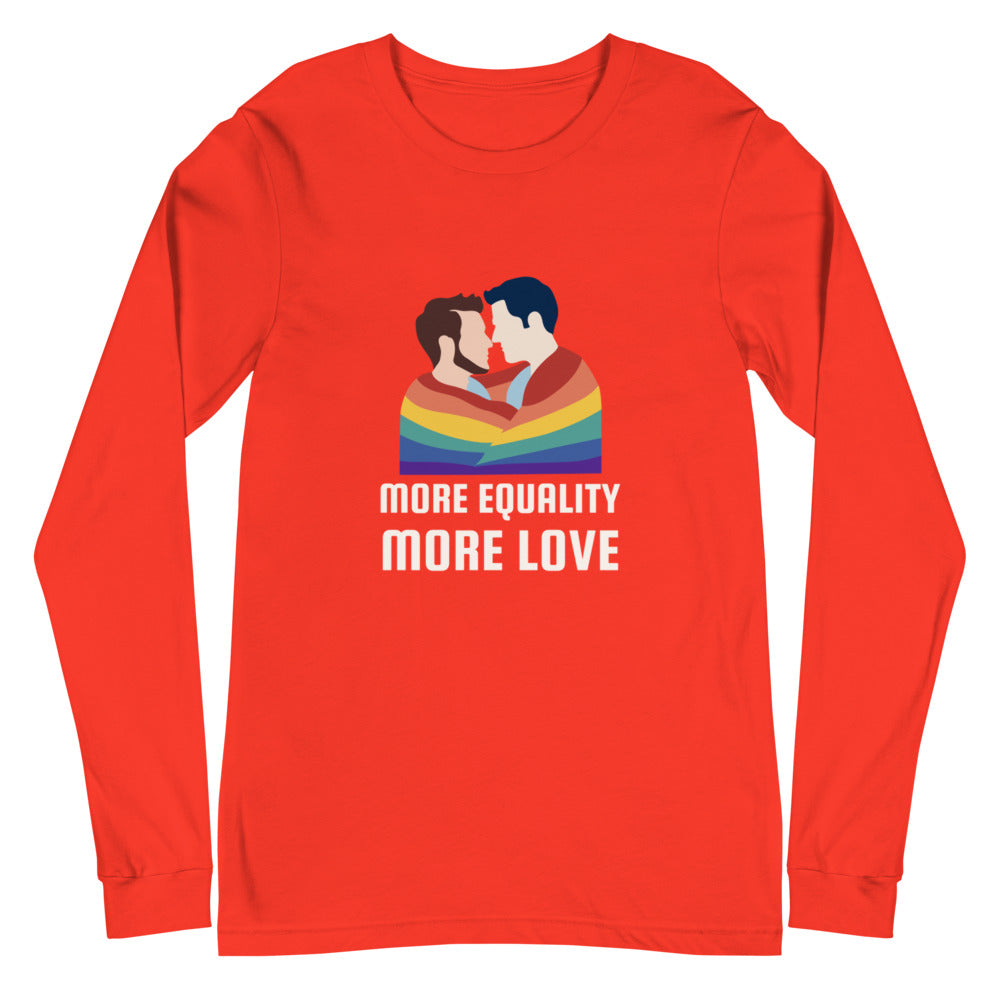 Red long-sleeve shirt with two men kissing under a rainbow and “MORE EQUALITY MORE LOVE”