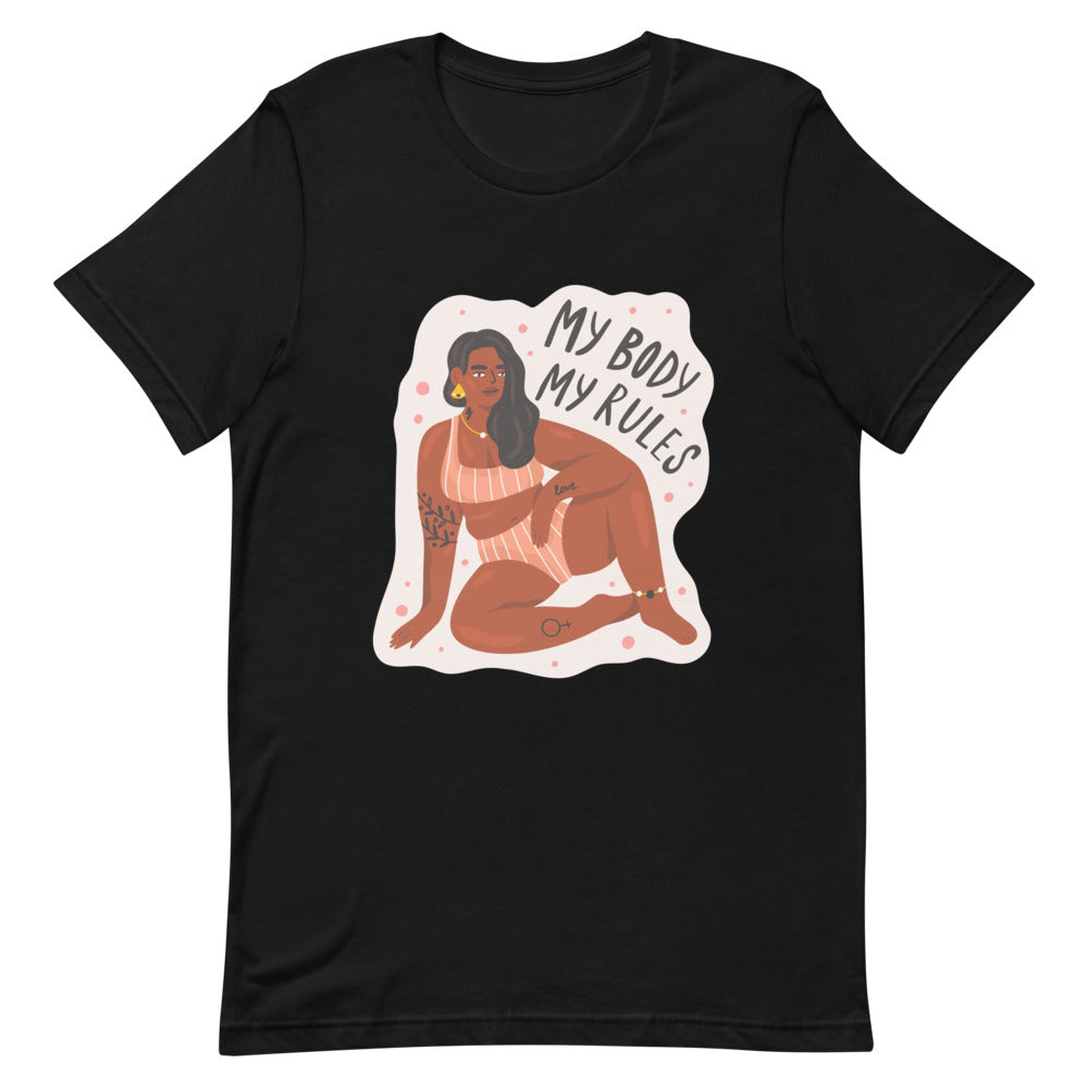 Front view of a black T-shirt reading “MY BODY MY RULES,” with a seated illustrated woman