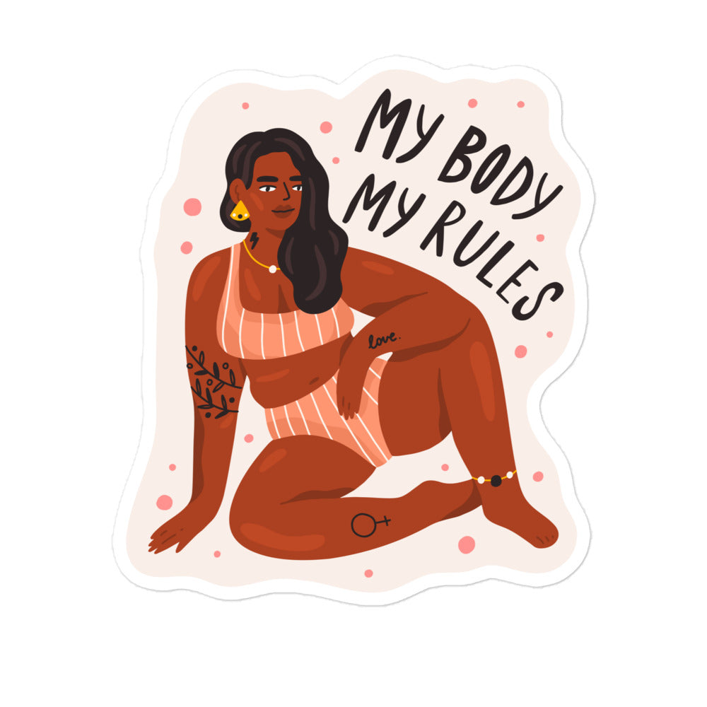 Sticker featuring a seated woman in striped lingerie and the words “My Body My Rules”