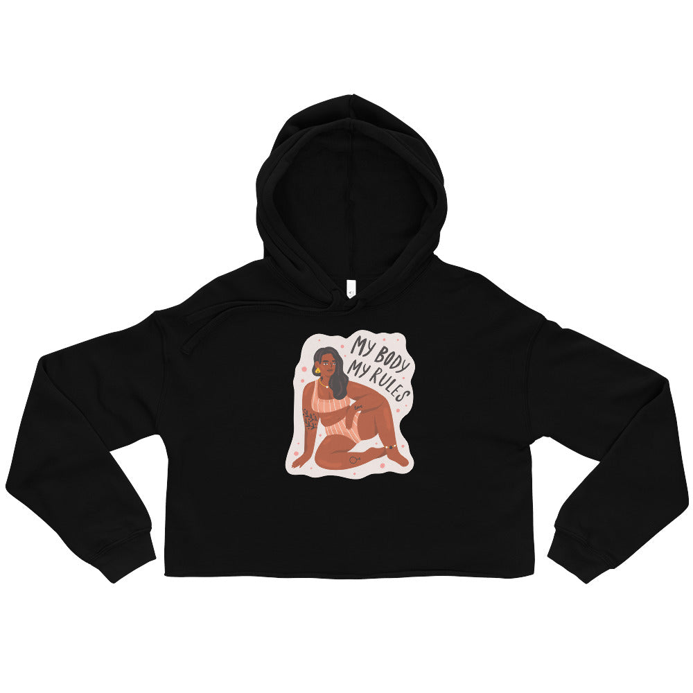 Black cropped hoodie with a seated illustrated woman and “MY BODY MY RULES” on the front