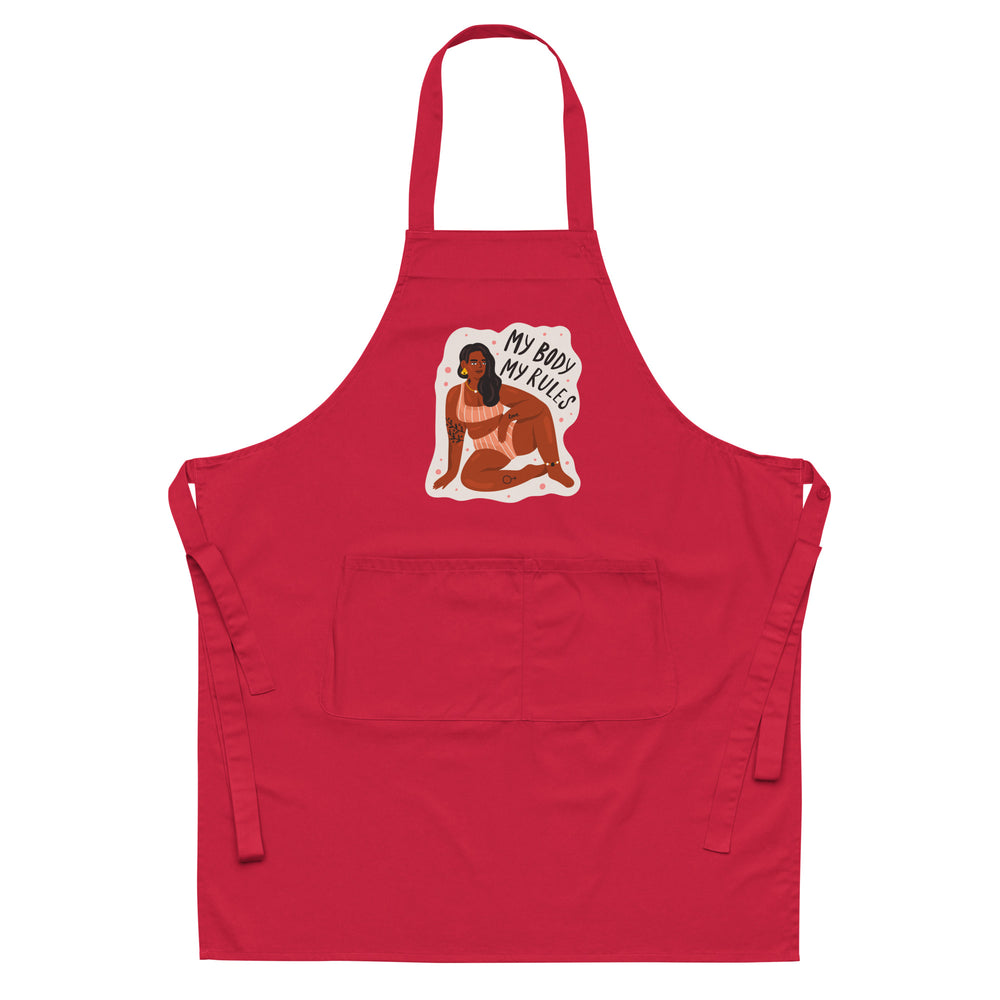 Front view of a red apron with a pocket and “MY BODY MY RULES” graphic