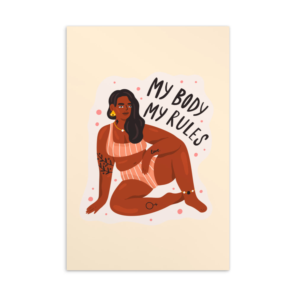 Postcard illustration of a seated woman in a striped swimsuit reading “My Body My Rules”