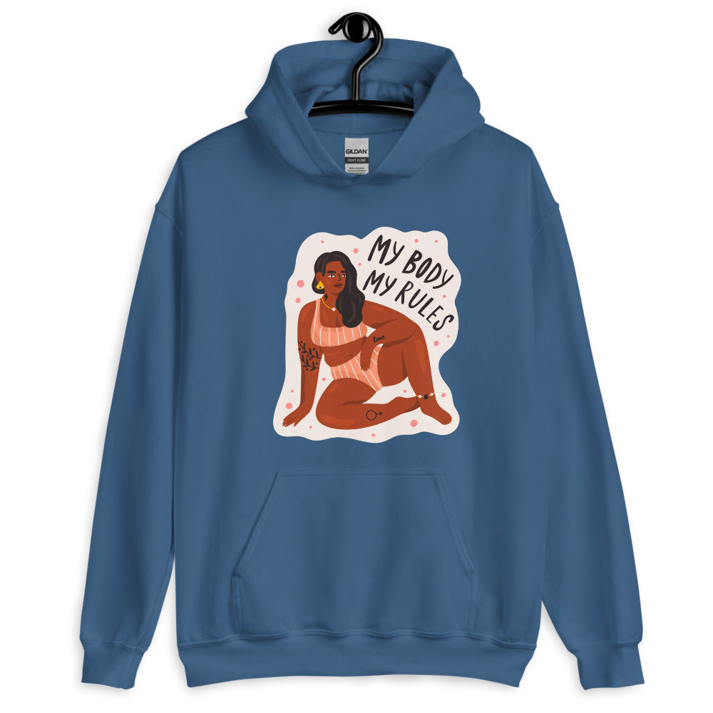 Blue pullover hoodie on a hanger with a seated illustrated woman and “My Body My Rules” text