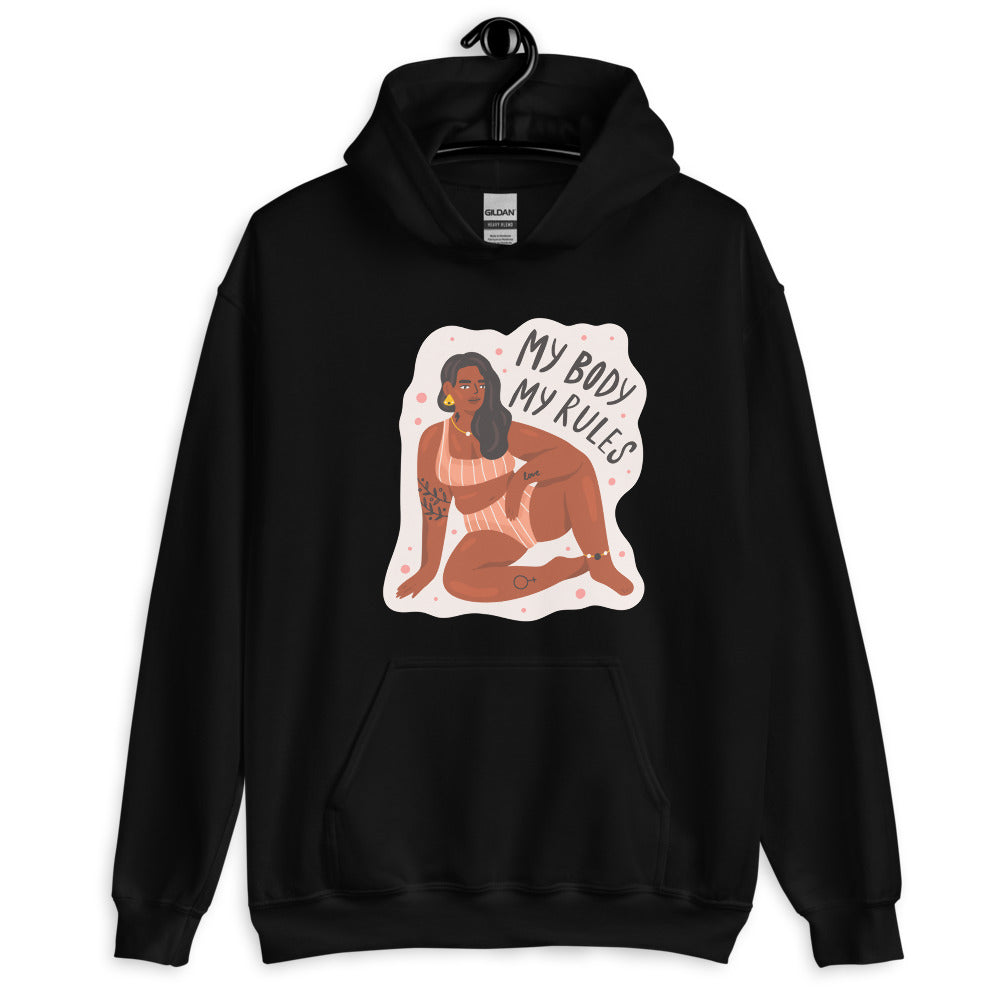 Front view of a black hoodie reading “My Body My Rules,” with a seated illustrated woman
