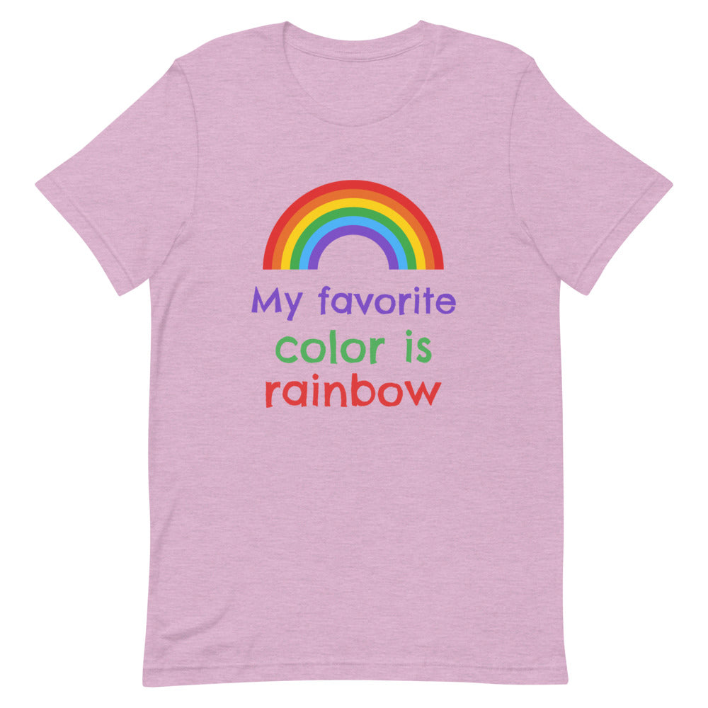 Flat-lay lilac T-shirt with a rainbow and “My favorite color is rainbow” text
