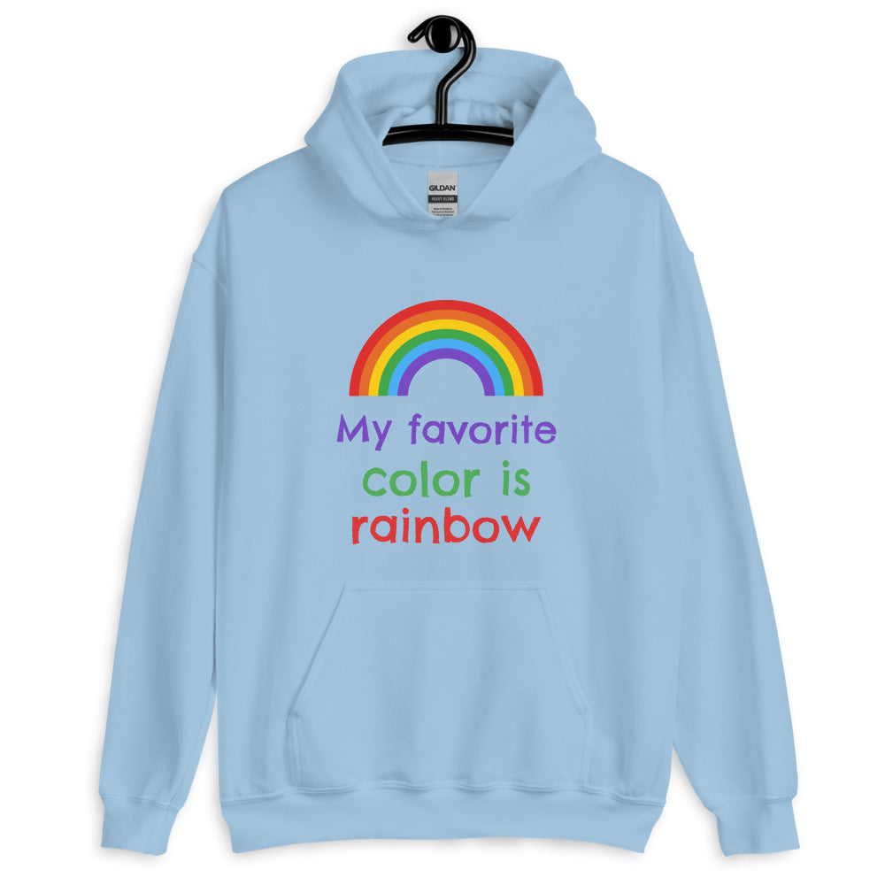 Light blue hoodie with a rainbow graphic and “My favorite color is rainbow” text
