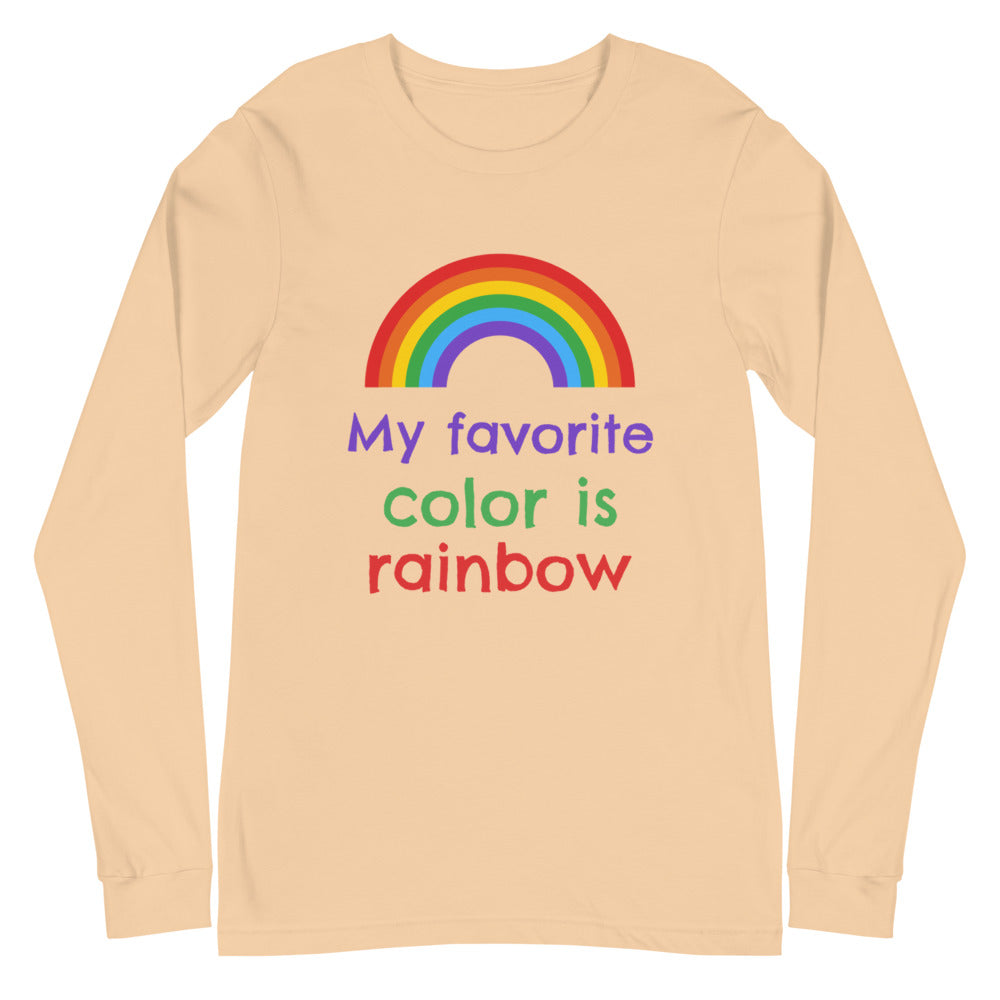 Sand-colored long-sleeve shirt with a rainbow and “My favorite color is rainbow” text