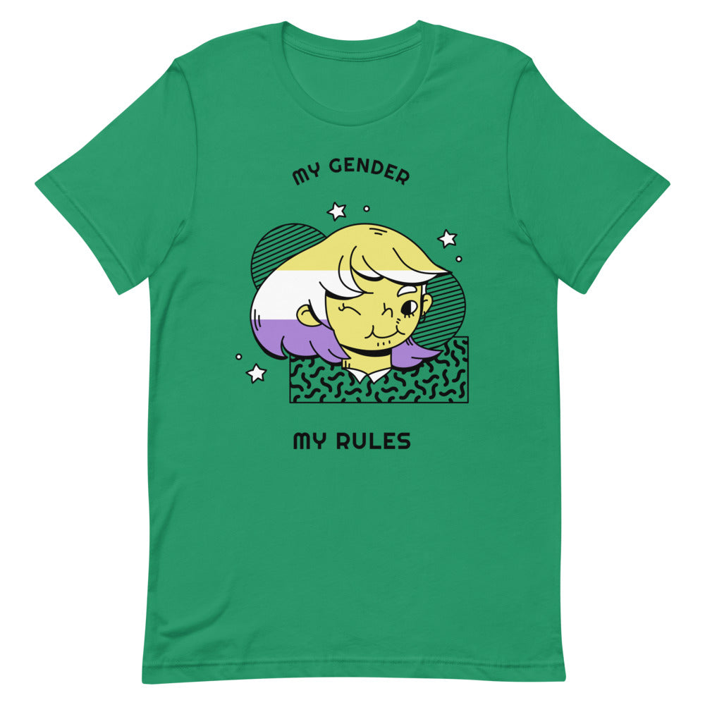 Green T-shirt reading “MY GENDER” and “MY RULES,” with a colorful cartoon portrait