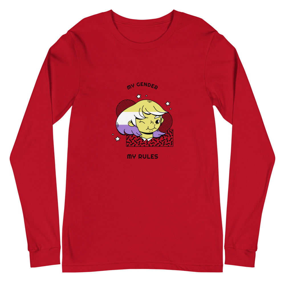 Red long-sleeve T-shirt with “MY GENDER MY RULES” and a colorful cartoon face