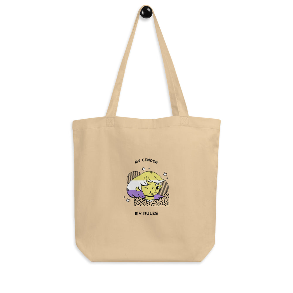 Natural canvas tote bag reading “MY GENDER” and “MY RULES,” with a colorful cartoon portrait
