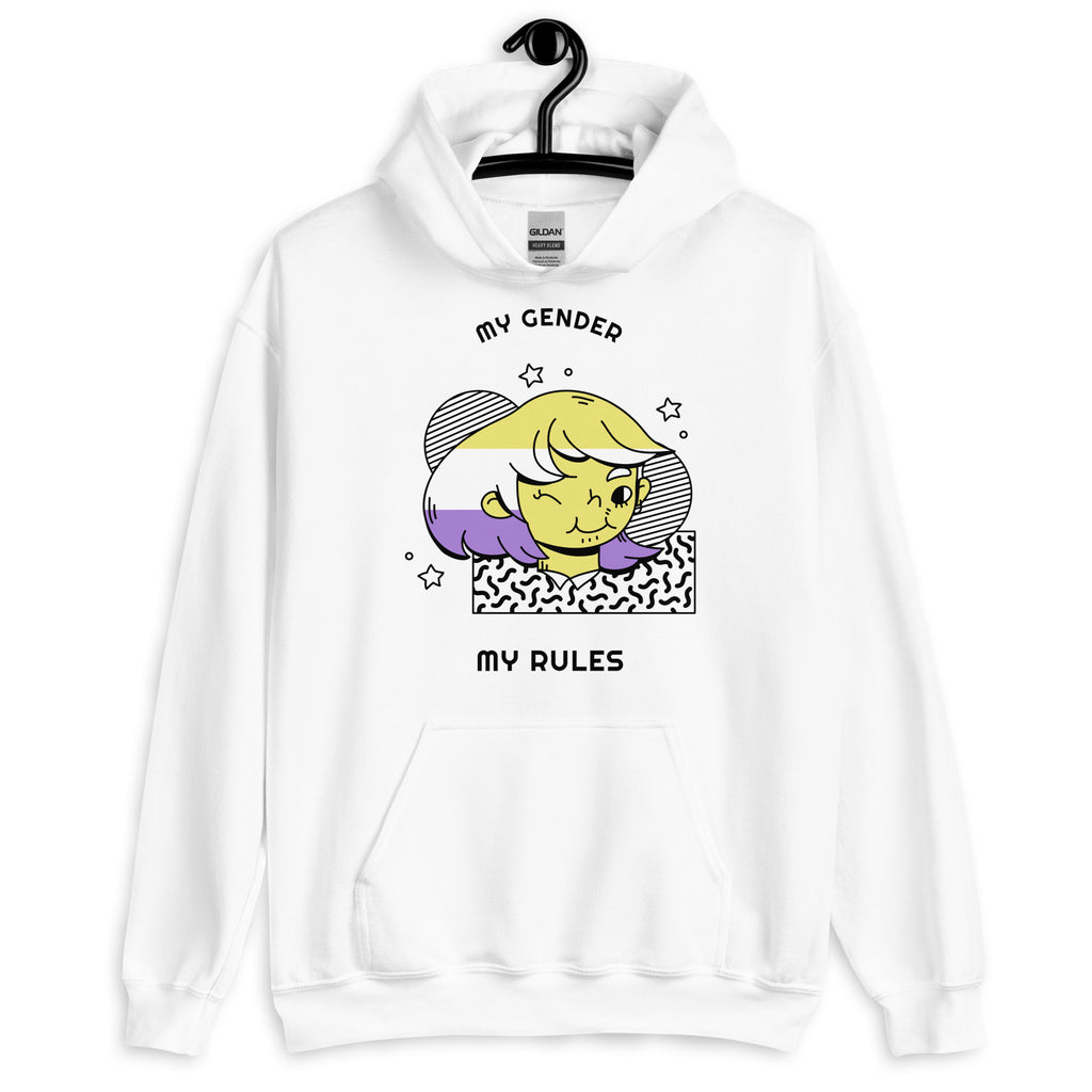 White hoodie on a hanger with “MY GENDER” and “MY RULES” around a colorful cartoon portrait