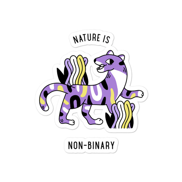 “Nature Is Non-Binary” sticker with a purple, yellow, black, and white cartoon unicorn