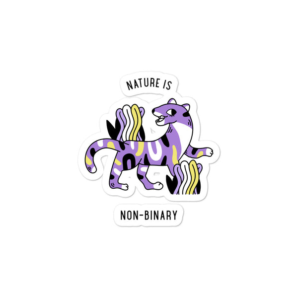 Non-binary pride sticker with a purple, yellow, black and white striped unicorn and “NATURE IS NON-BINARY” text