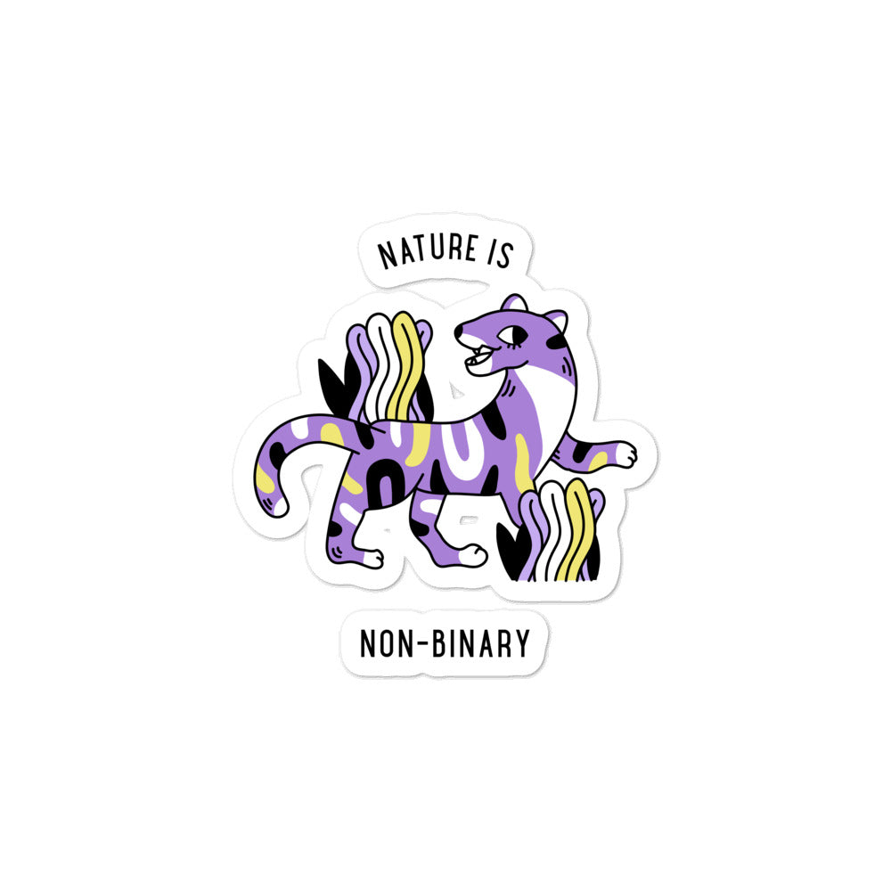 Non-binary pride sticker with a purple, yellow, black and white striped unicorn and “NATURE IS NON-BINARY” text
