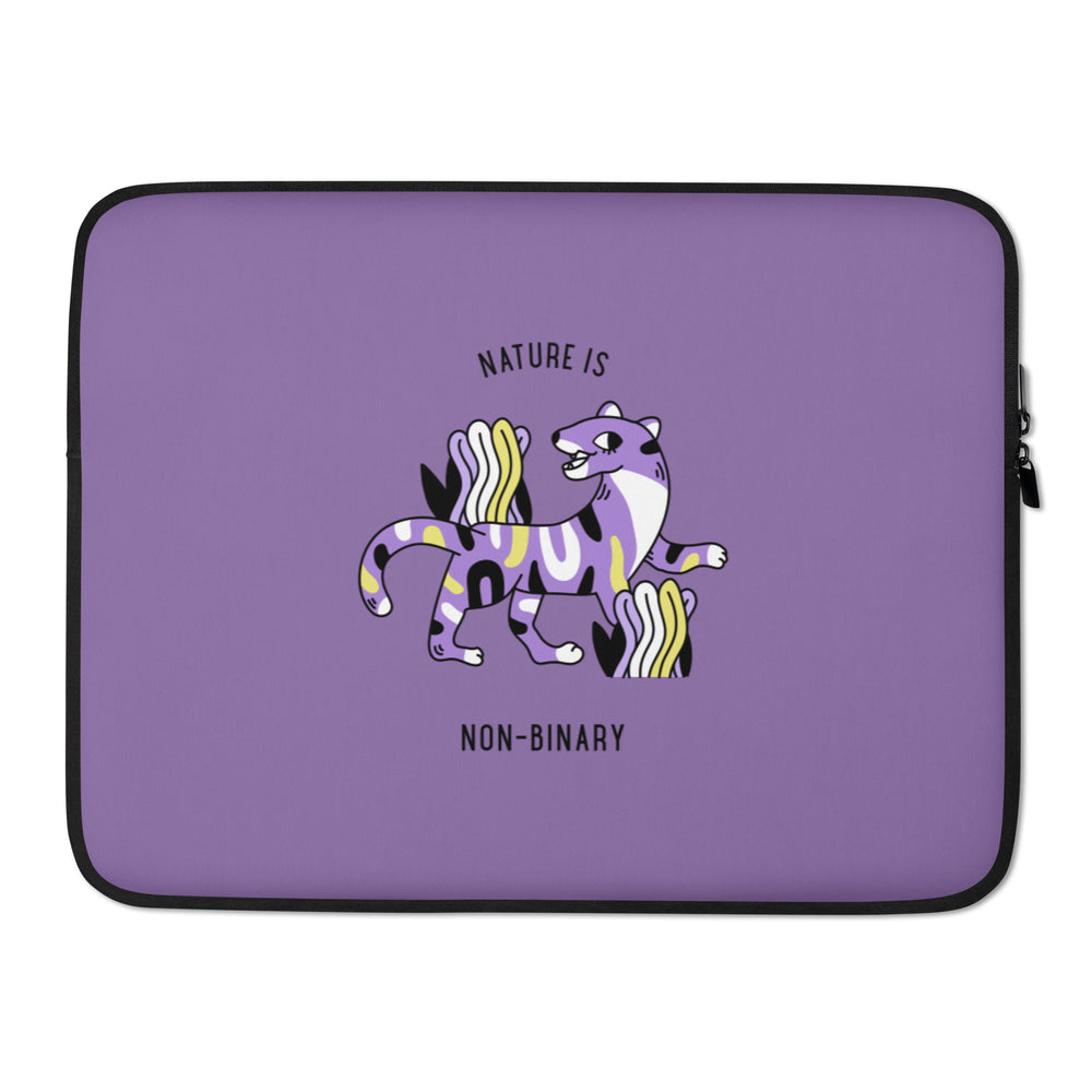 Purple laptop sleeve with a cartoon purple unicorn and the words “NATURE IS” and “NON-BINARY”